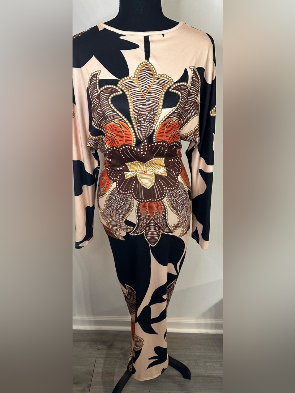 SHEIN Long Sleeve Abstract Floral Print Maxi Dress in Beige/Black/Brown - Size 6